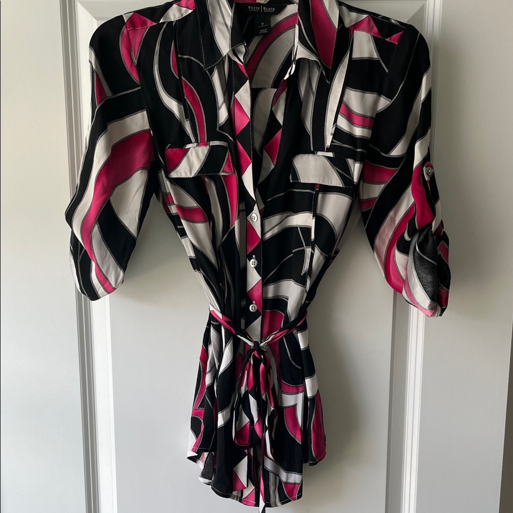 White House Black Market Abstract Button Down Shirt - Black, Pink, White